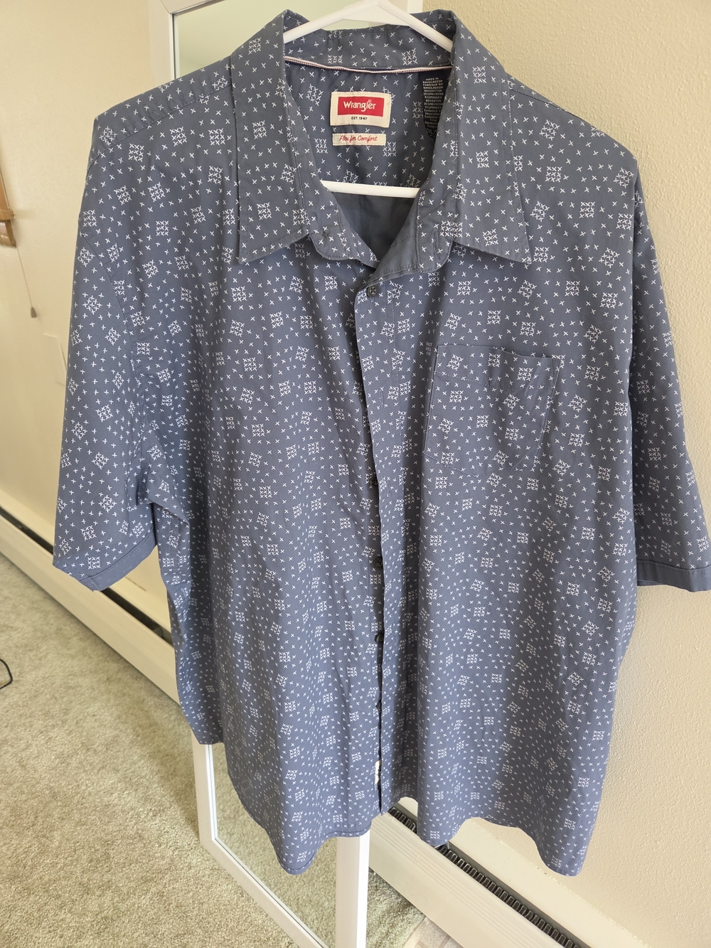 Wrangler Slate Blue Button-Up Shirt with White Cross Print